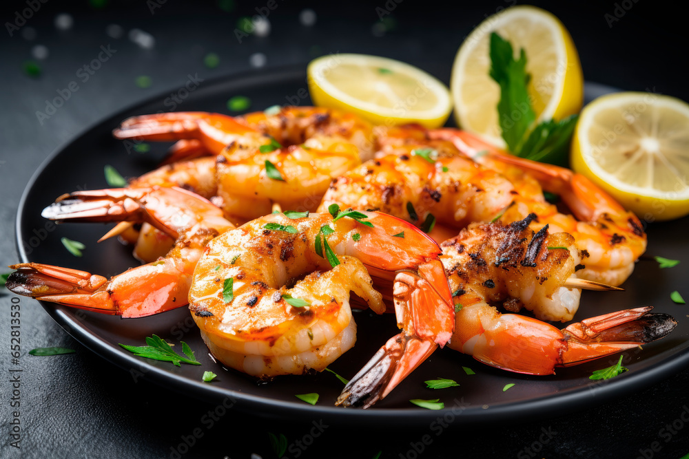 grilled shrimp with chopped parsley on black plate grilled shrimp with chopped parsley on black plate