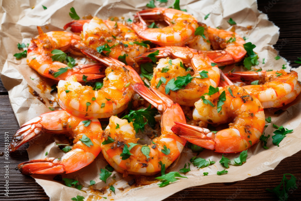 grilled shrimp with chopped parsley and lemon on wooden table grilled shrimp with chopped parsley and lemon on wooden table