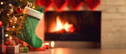 christmas socks on christmas tree by fireplace