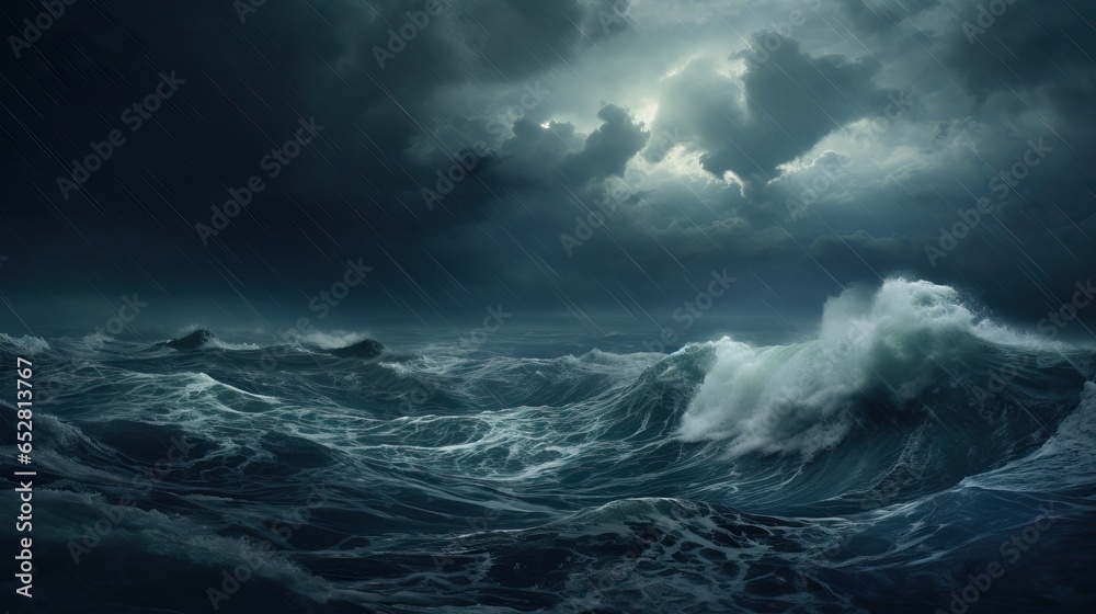 Storm in the Ocean. Huge Waves an Strikes & Lightnings. - obrazy, fototapety, plakaty 