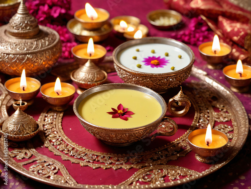 A Plate With A Bowl Of Yellow Liquid And Candles