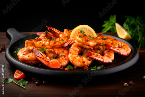 grilled shrimp with chopped parsley on black plate