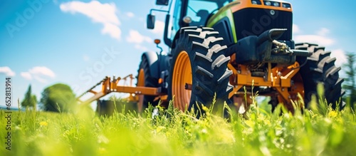 Low angle view of agricultural landscape with a vibrant tractor and field drill machinery seen amidst grass