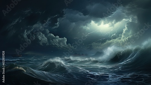 Storm in the Ocean. Huge Waves an Strikes   Lightnings.