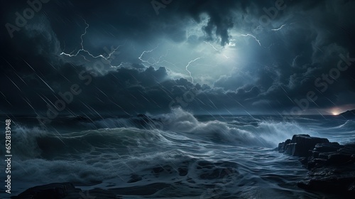 Storm in the Ocean. Huge Waves an Strikes   Lightnings.