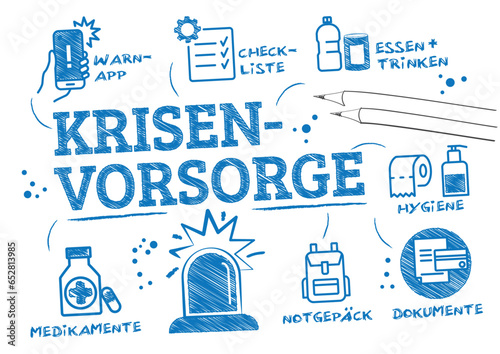 Krisenvorsorge, Krisenmanagement und Katastrophenschutz Konzept - Vektor Illustration mit deutschem Text