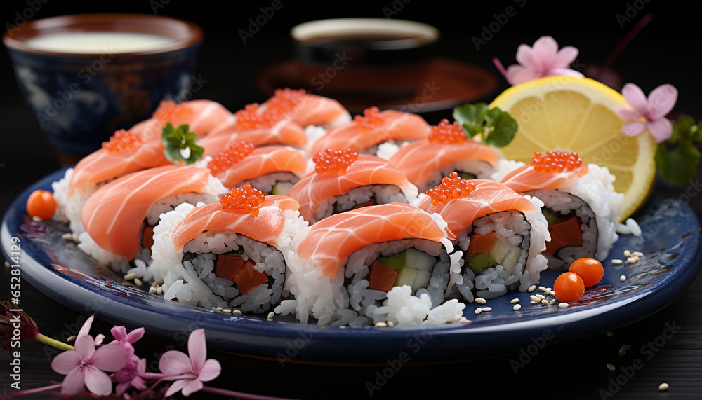Freshness and cultures on a plate Japanese sushi, healthy eating generated by AI Freshness and cultures on a plate Japanese sushi, healthy eating generated by AI
