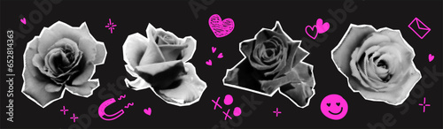 Roses halftone collage elements set with doodles. Floral mixed media design, vintage punk dotted Valentine day stickers, hand drawn hearts and squiggles. Y2K aesthetic vector illustration