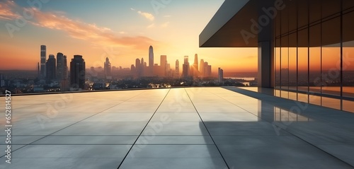 Empty cement floor with steel pavement, modern building exterior cityscape background. Sunrise scene.