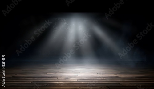Center dark stage brilliance. Captivating theatrical performance. Spotlight serenity. Empty stage awaiting show. Magic of theater. Vintage opera house interior © Thares2020
