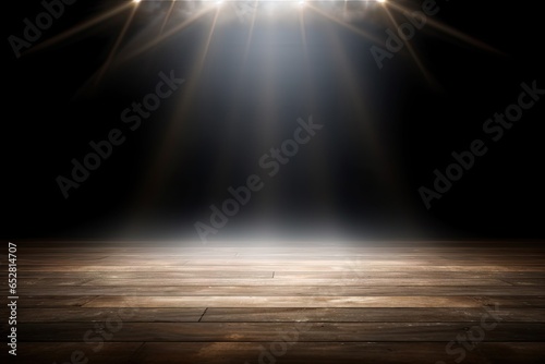 Center dark stage brilliance. Captivating theatrical performance. Spotlight serenity. Empty stage awaiting show. Magic of theater. Vintage opera house interior © Thares2020