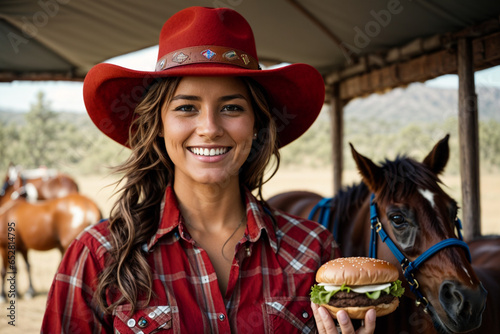 A cowgirl with a hamburger in her hand and horses behind. Generative AI.