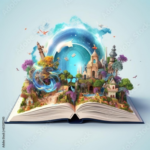 Open magic book concept, open pages with water and earth. Fantasy, nature or learning concept.