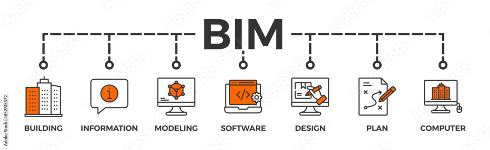 BIM banner web icon vector illustration concept for building information modeling with icon of building, information, modeling, software, design, plan, and computer