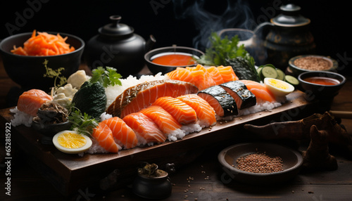 Fresh seafood meal, gourmet fish, sashimi lunch on rice plate generated by AI