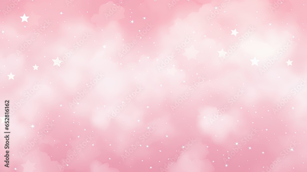 Pink clouds with stars, sky illustration for dreamy backgrounds. Cloudscape for space in colorful light purple and white soft hues. Cloudy heaven atmosphere.