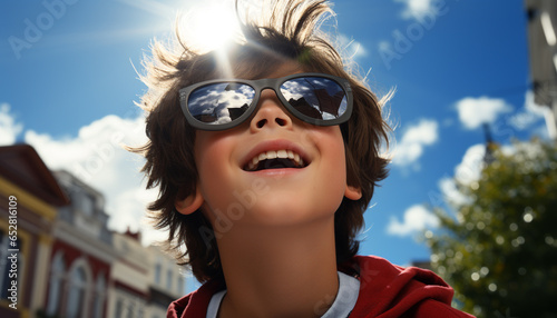 Smiling child in sunglasses, boys cheerful, happiness, summer fun generated by AI © grgroup