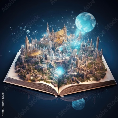 Magic opened the book. Fantastic world, imaginary view. Book, tree of life concept.