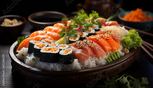 Freshness on a plate seafood, sashimi, rice, avocado, rolled up generated by AI