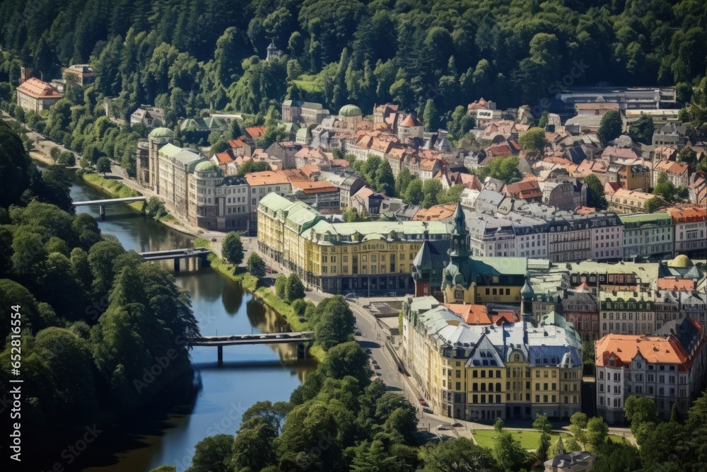Aerial View of Karlovy Vary: Explore the Breathtaking Beauty of This Czech Republic Spa City with Canals and Stunning Architecture