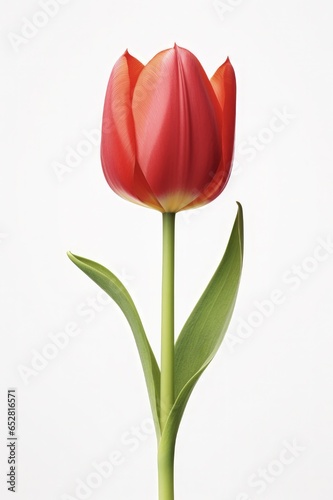 Beautiful Red Tulip Flower Blossoming in Spring. Single Tulip with Isolated White Background - Perfect for Greeting Cards or Holiday Designs