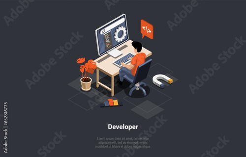 Software Development Coding Process Concept. Man Programmer or Web Developer Working On PC. Screen With Code, Script and Address Bar. Coder Engineer At Workplace. Isometric 3d Vector Illustration