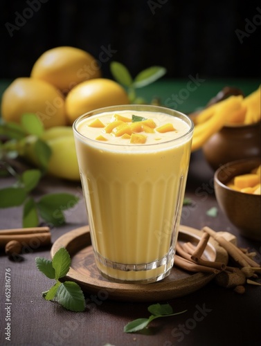 Mango Lassi in Terracotta Glass. Delicious Indian Summer Beverage with Exotic Flavors in Selective Focus