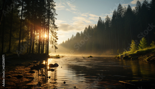 Tranquil scene nature beauty reflected in sunset over forest generated by AI
