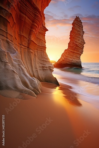 High Rocks near the Ocean during the Golden Hour. Red Sky.