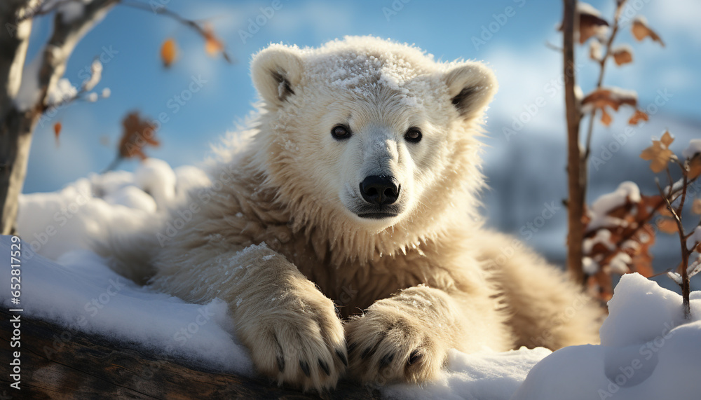 A cute Samoyed puppy sitting in the snowy forest generated by AI