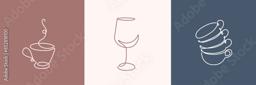 Continuous Line Drawing of Tea or Coffee Cups and  Wine Glass Trendy Minimalist Illustration. Cup and Glass Set One Line Abstract Drawing. Minimalist Contour Drawing for Cafe Design. Vector EPS 10. 