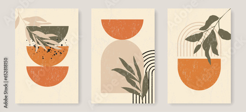 Boho Wall Art Prints Set with Grunge Textures, Leaves, Shapes. Bohemian Cover. Minimalist Trendy Contemporary Design for Wall Art, Prints, Social Media, Posters, Invitations, Branding Design. 