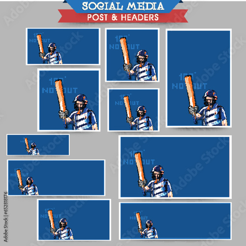 Social Media Post And Header Design Set With Doodle Cricket Batter Player On Blue Grid Background.