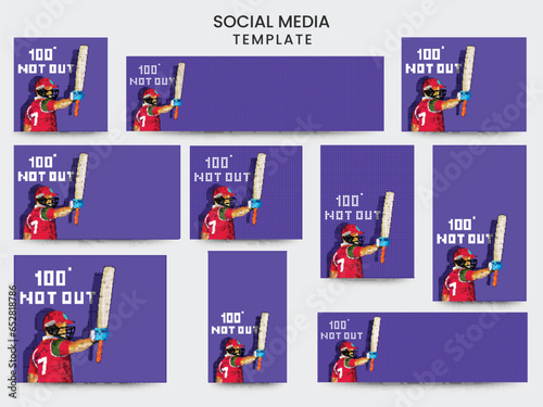 Social Media Post Collections of a Cricketer or Batter in Team Jersey Celebrating after Scoring Hundred with Copy Space for Your Message. Pixel Art Detailed Character Illustration.