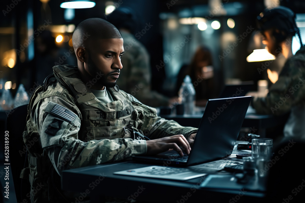Portrait of a young military man using a laptop - obrazy, fototapety, plakaty 