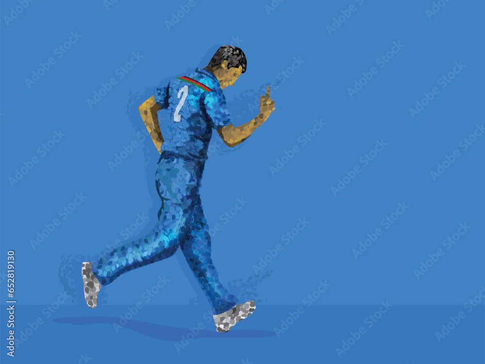 Naklejka premium Cricketer or Bowler in Blue Colour Team Jersey Celebrating with Copy Space for Your Message. Pixel Art Detailed Character Illustration.