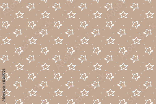 White stars on kraft paper background, seamless texture for gift wrapping, abstract childish starry vetor graphic pattern