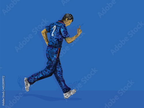 Indian Bowler Raising Index Finger In Irregular Dots Effect And Copy Space On Blue Background.