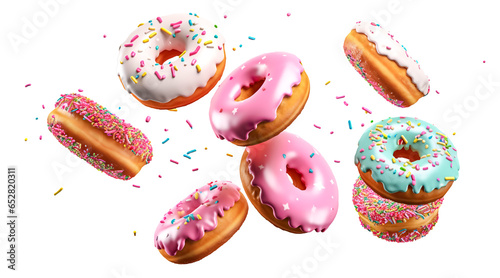 Donuts with sprinkles flying on transparent background. PNG. sweet doughnut fly on white background
 photo