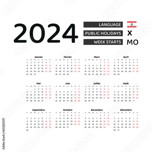 Calendar 2024 French language with Lebanon public holidays. Week starts from Monday. Graphic design vector illustration. photo