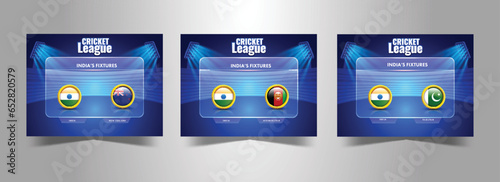 Cricket League India's Fixtures Based Poster Design With Participating Countries Team On Transparent Screen And Blue Stadium View In Three Options.