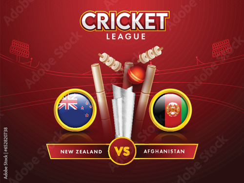Cricket League Poster Design With Participating Team New Zealand VS Afghanistan And 3D Silver Trophy Cup On Red Stadium Background.