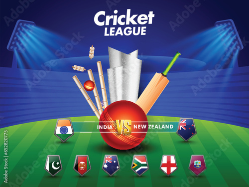 Cricket Match Schedule Between India VS New Zealand With Other Participant Countries Flag Shield, 3D Tournament Equipment And Silver Trophy Cup On Shiny Stadium Background.