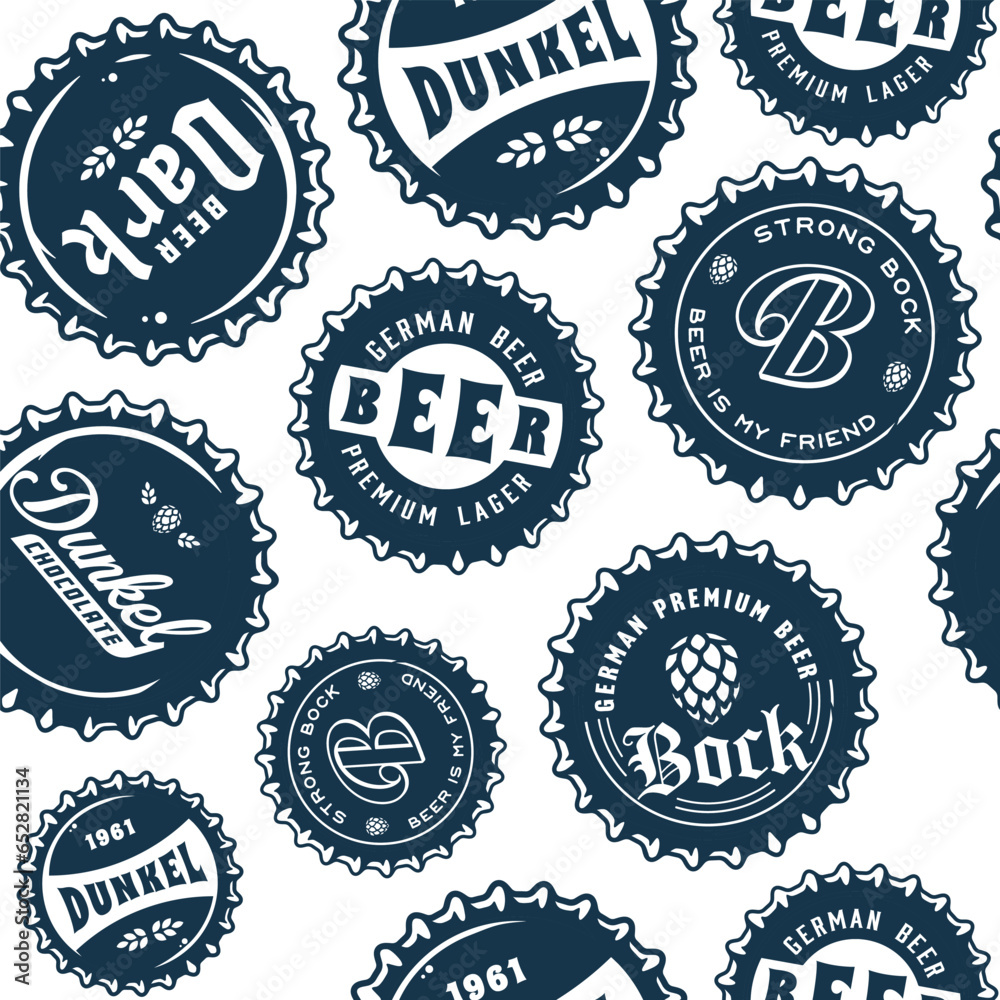 Beer cap vector monochrome seamless pattern with metal cork for decor of bar, pub or brewery shop. Vintage old retro background for brew or craft beer
