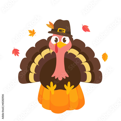 happy thanksgiving cartoon turkey cute and pumpkin in the autumn