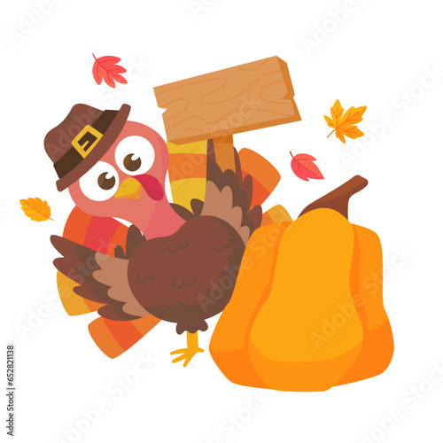 happy thanksgiving cartoon turkey cute and pumpkin in the autumn