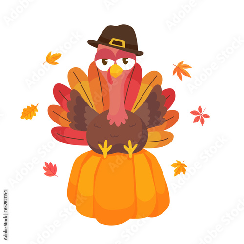 happy thanksgiving cartoon turkey cute and pumpkin in the autumn