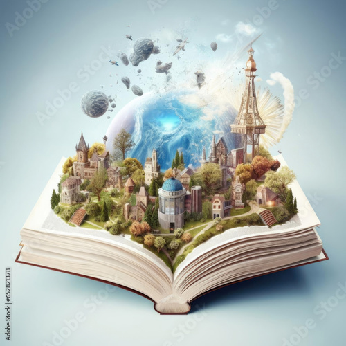 Fairytale in book. Magic opened the book. Fantasy, nature or learning concept.