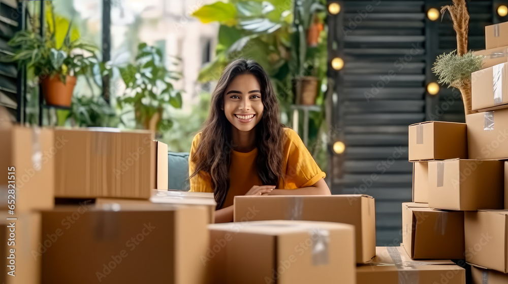 Obraz premium Portrait of young woman happy is small businesses SME and check online orders to prepare to pack the boxes