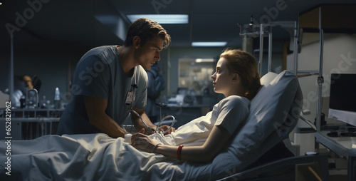 doctor and patient, a girl and boy in hospital, boy holding hand of girl in bed